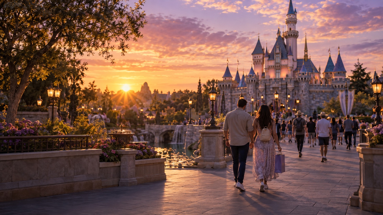 Visitors walking through a colorful Anaheim theme-park destination at sunset