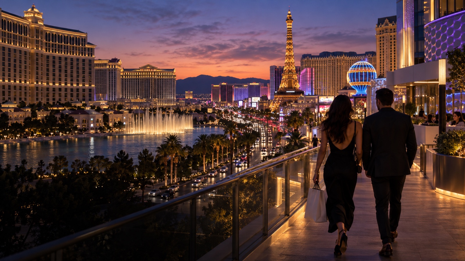 Travelers overlooking the Las Vegas Strip at dusk