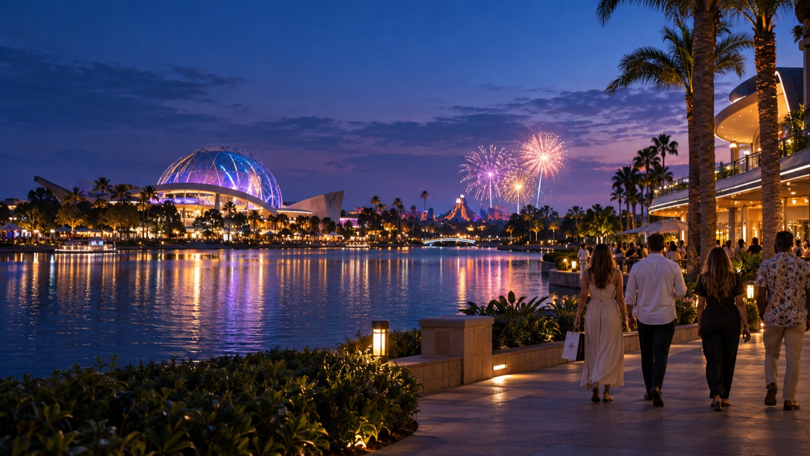 Visitors enjoying an Orlando resort destination beside a lake at night