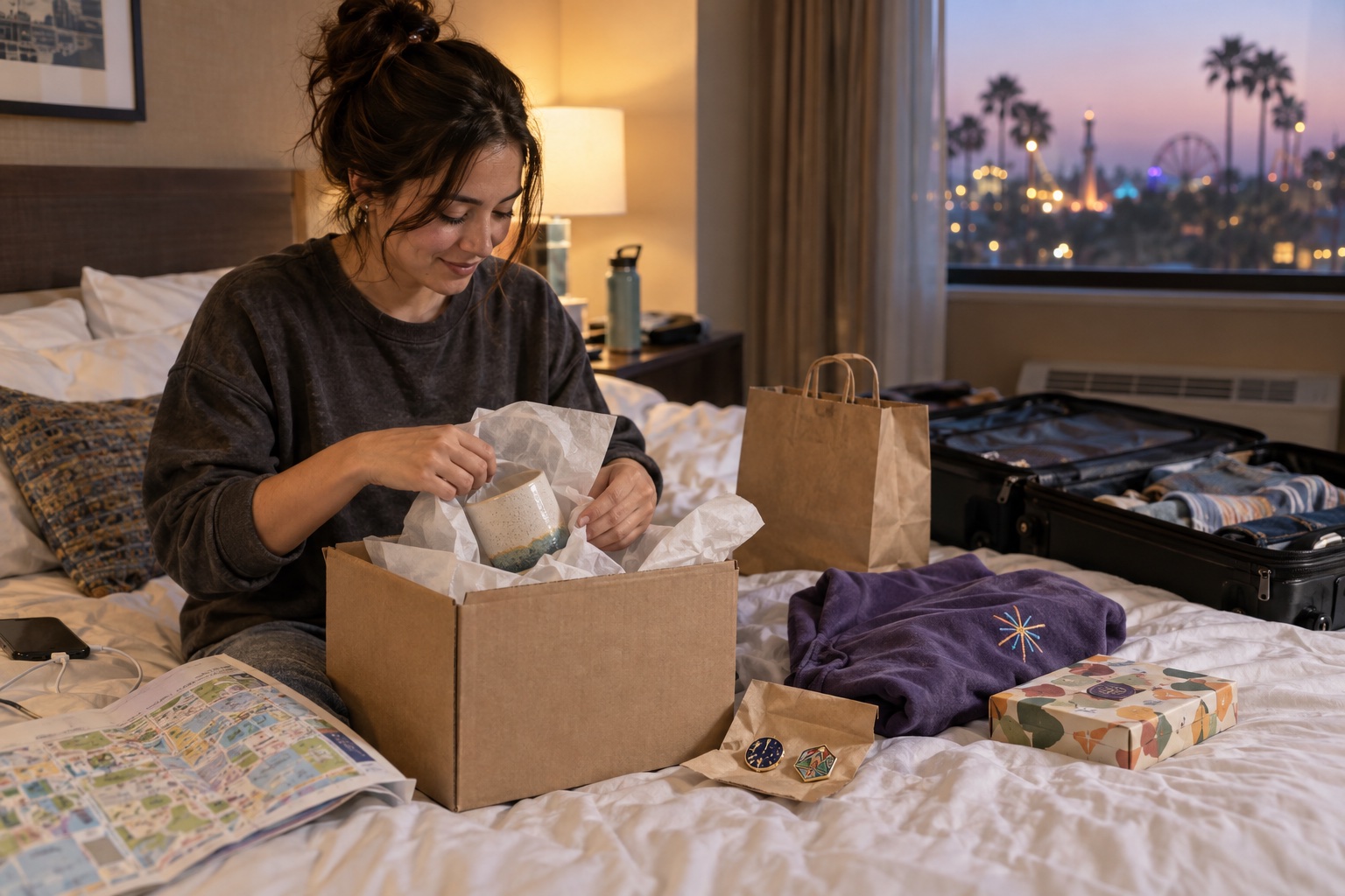 A traveler packing theme-park vacation finds in an Anaheim hotel room